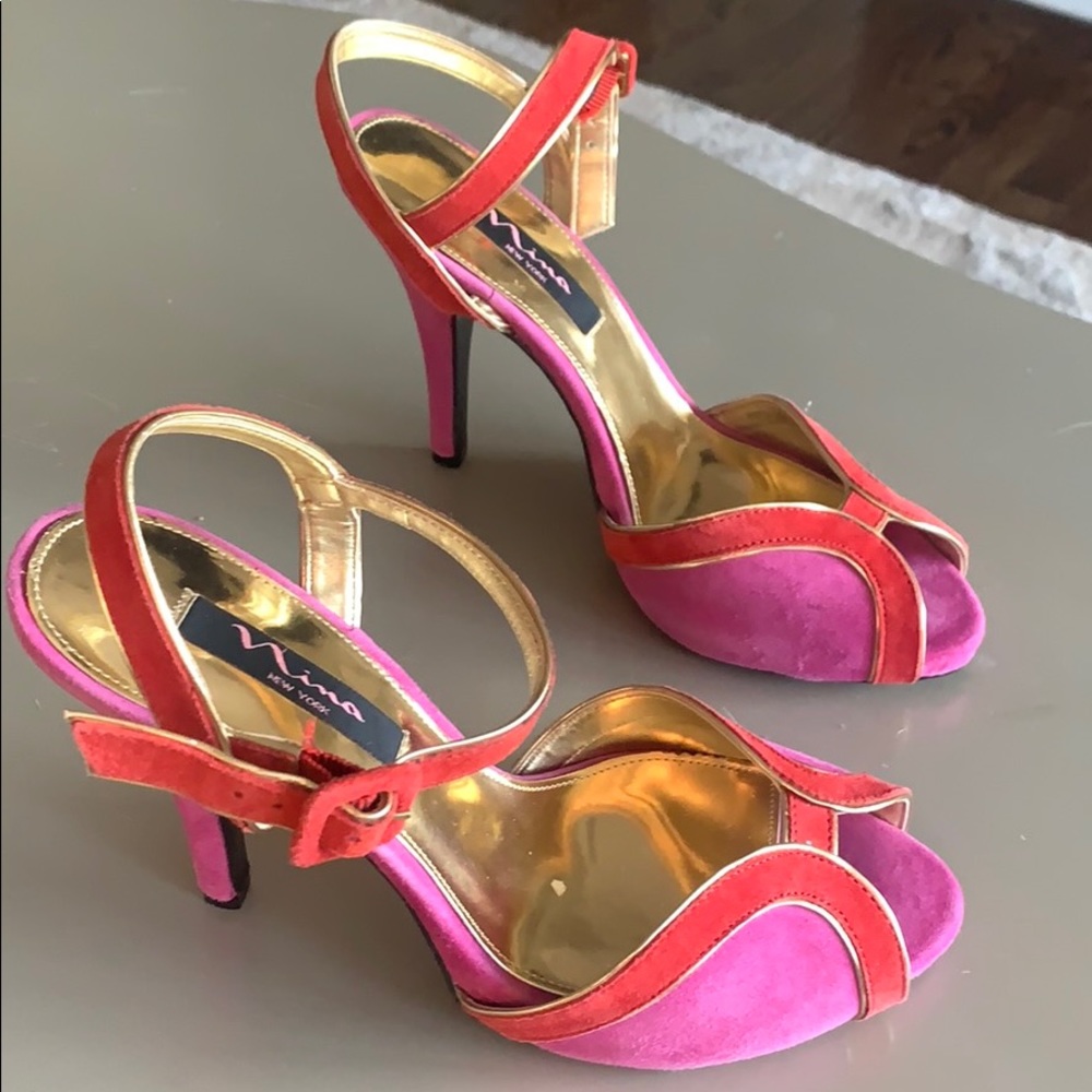 Nina Pink and Red Suede Peep Toe heels